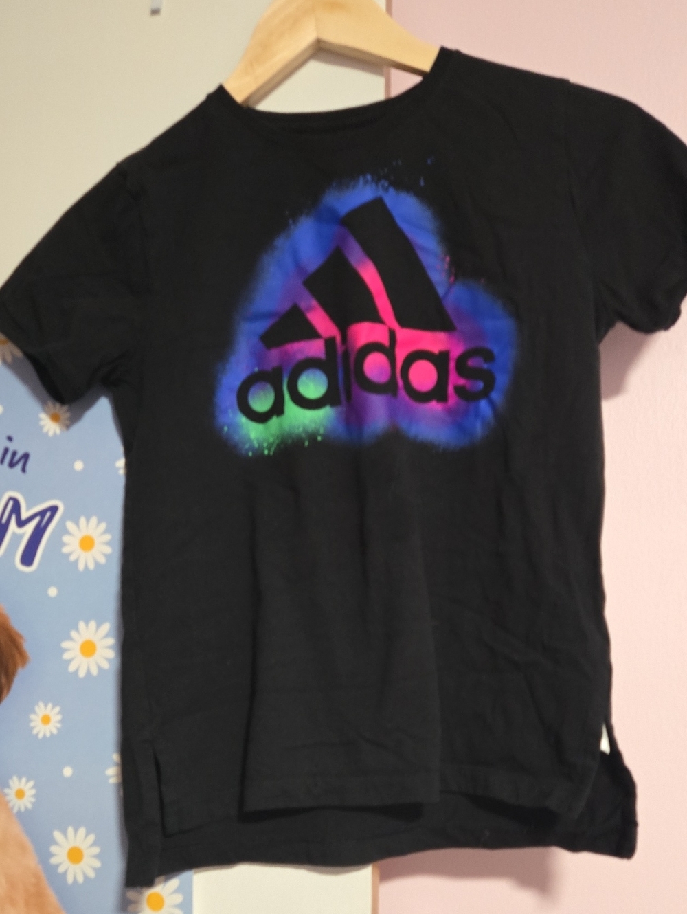 adidas Black Tee with Neon Rainbow Logo